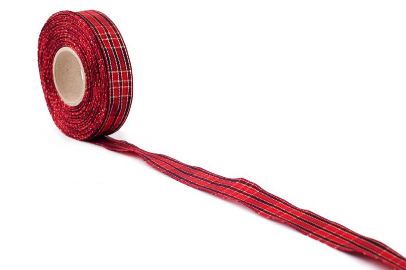 Kostkovaná stuha 25 mm - Barva: Vínově červená